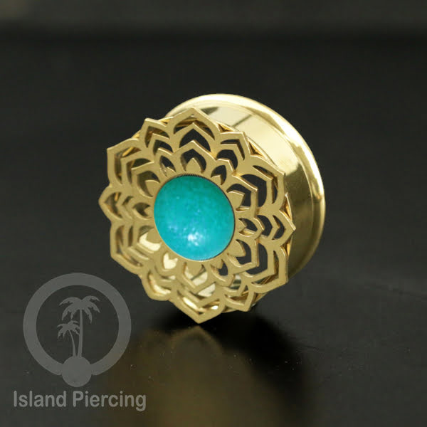 Anting Tindik Plug Stainless Mandala warna gold Ear-tunnel Epoxy warna Turquoise