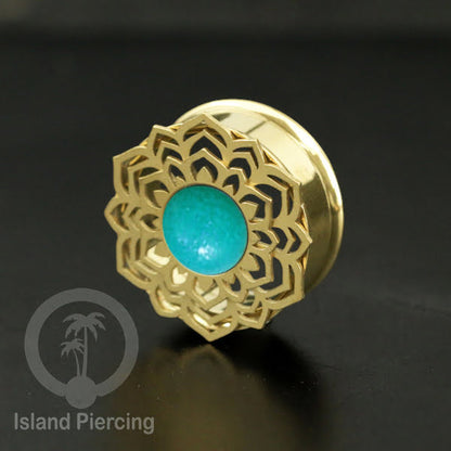 Anting Tindik Plug Stainless Mandala warna gold Ear-tunnel Epoxy warna Turquoise