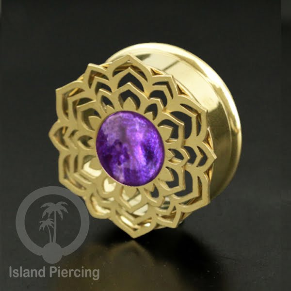Anting Tindik Plug Stainless Mandala warna gold Ear-tunnel Epoxy warna Ungu