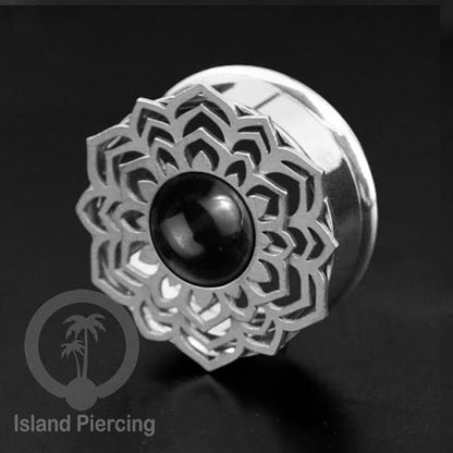 Anting Tindik Plug Stainless Mandala warna silver, Steel Ear-tunnel dengan Epoxy warna Hitam