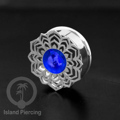 Anting Tindik Plug Stainless Mandala warna silver, Steel Ear-tunnel dengan Epoxy warna Biru tua