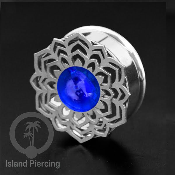 Anting Tindik Plug Stainless Mandala warna silver, Steel Ear-tunnel dengan Epoxy warna Biru tua