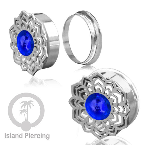 Anting Tindik Plug Stainless Mandala warna silver, Steel Ear-tunnel dengan Epoxy warna Biru tua