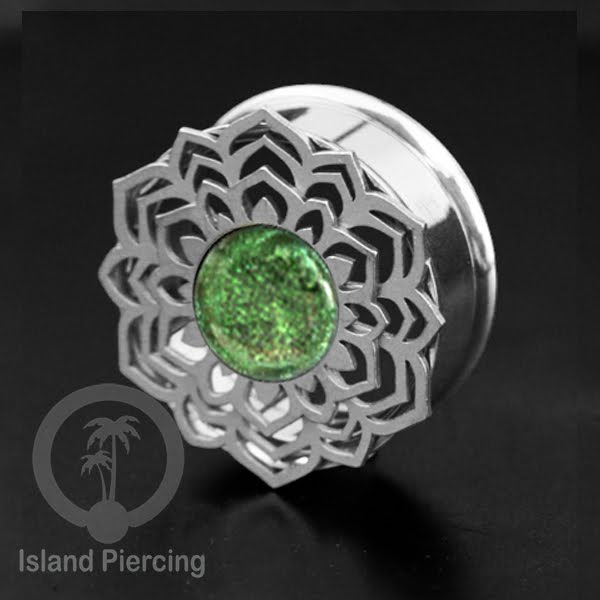 Anting Tindik Plug Stainless Mandala warna silver, Steel Ear-tunnel dengan Epoxy warna Hijau