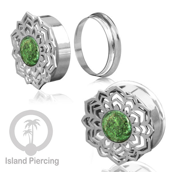 Anting Tindik Plug Stainless Mandala warna silver, Steel Ear-tunnel dengan Epoxy warna Hijau