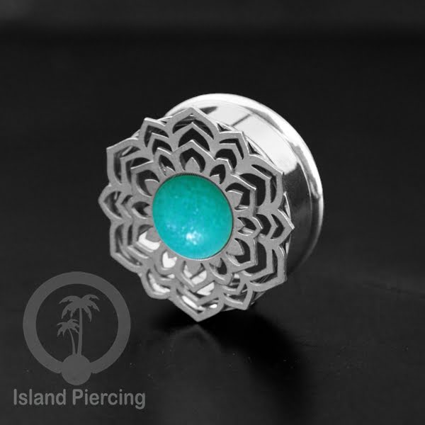 Anting Tindik Plug Stainless Mandala warna silver, Steel Ear-tunnel dengan Epoxy warna Turquoise
