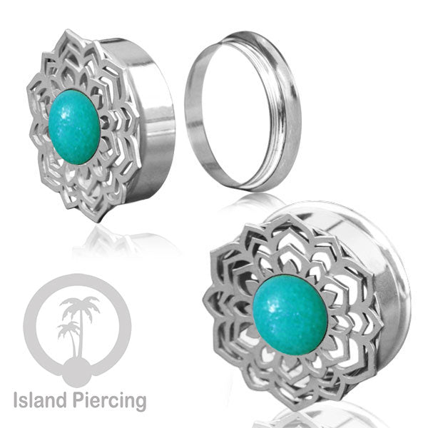 Anting Tindik Plug Stainless Mandala warna silver, Steel Ear-tunnel dengan Epoxy warna Turquoise