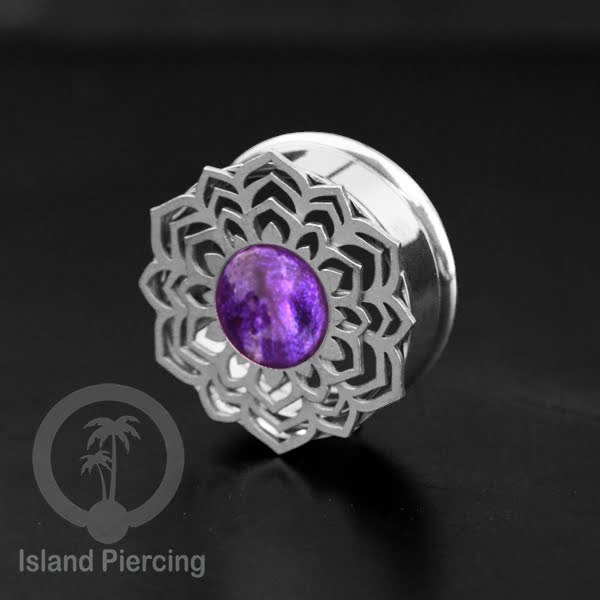 Anting Tindik Plug Stainless Mandala warna silver, Steel Ear-tunnel dengan Epoxy warna Ungu