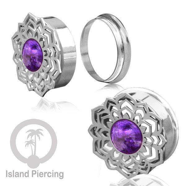Anting Tindik Plug Stainless Mandala warna silver, Steel Ear-tunnel dengan Epoxy warna Ungu