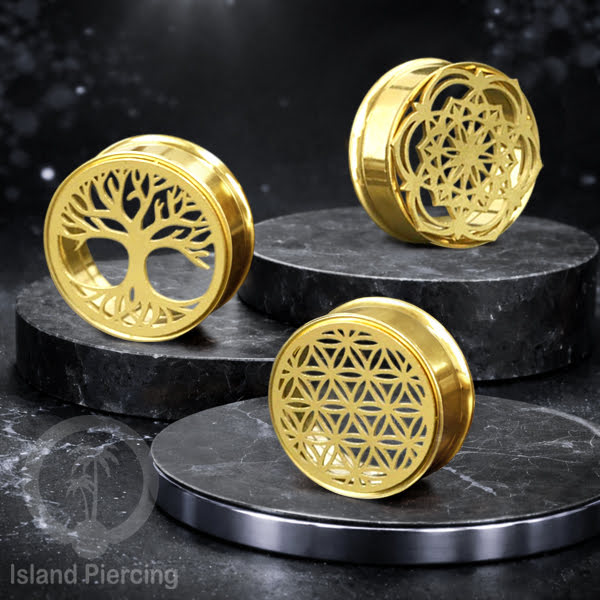Anting Tindik Plug Stainless warna gold Ear-tunnel ukuran besar motif Tree &amp; Flower of Life dan Sacred Geometry