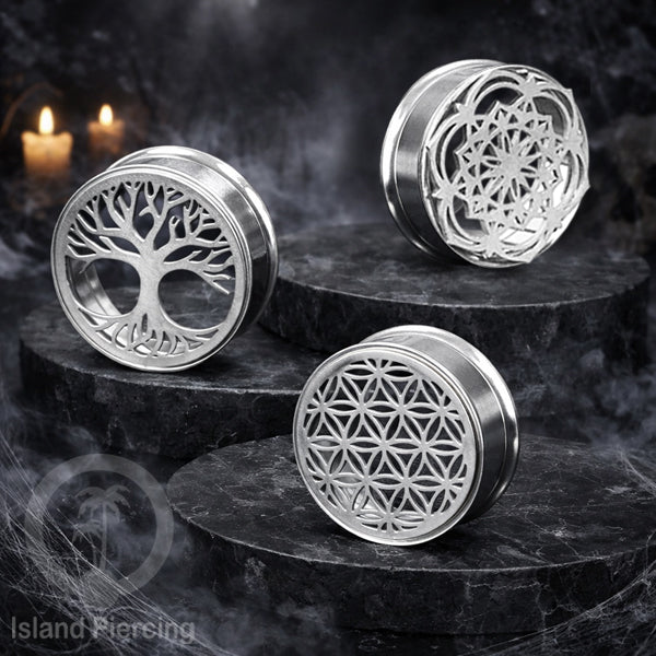 Anting Tindik Plug Stainless warna silver Ear-tunnel ukuran besar motif Tree &amp; Flower of Life dan Sacred Geometry