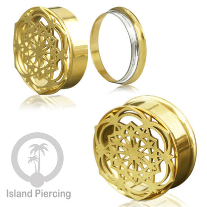 Anting Tindik Plug Stainless warna gold Ear-tunnel ukuran besar motif Tree &amp; Flower of Life dan Sacred Geometry