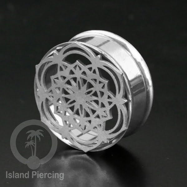 Anting Tindik Plug Stainless warna silver Ear-tunnel ukuran besar motif Tree &amp; Flower of Life dan Sacred Geometry