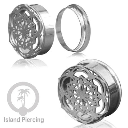 Anting Tindik Plug Stainless warna silver Ear-tunnel ukuran besar motif Tree &amp; Flower of Life dan Sacred Geometry