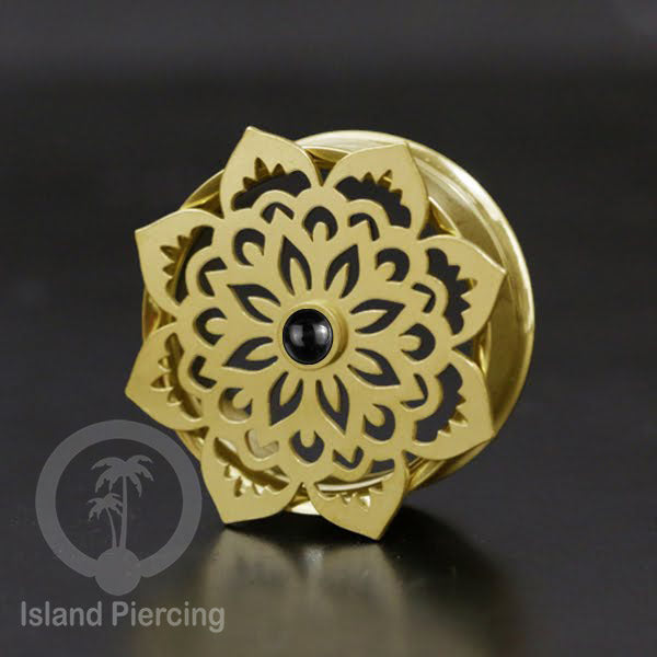 Anting Tindik Plug Stainless Mandala warna gold Ear-tunnel Epoxy warna Hitam