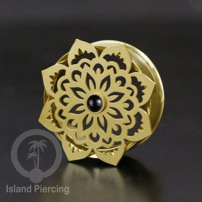 Anting Tindik Plug Stainless Mandala warna gold Ear-tunnel Epoxy warna Hitam
