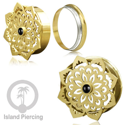 Anting Tindik Plug Stainless Mandala warna gold Ear-tunnel Epoxy warna Hitam