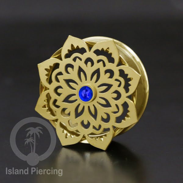 Anting Tindik Plug Stainless Mandala warna gold Ear-tunnel Epoxy warna Biru Tua
