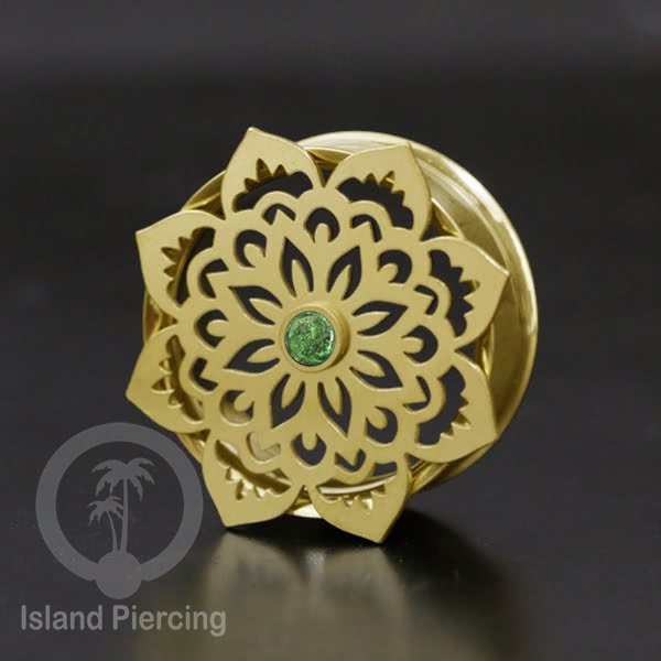 Anting Tindik Plug Stainless Mandala warna gold Ear-tunnel Epoxy warna Hijau