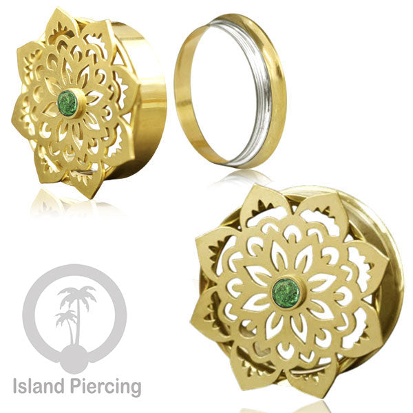 Anting Tindik Plug Stainless Mandala warna gold Ear-tunnel Epoxy warna Hijau