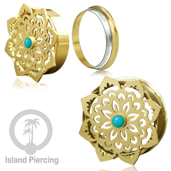 Anting Tindik Plug Stainless Mandala warna gold Ear-tunnel Epoxy warna Turquoise