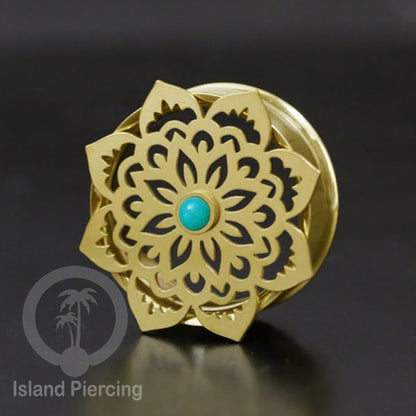 Anting Tindik Plug Stainless Mandala warna gold Ear-tunnel Epoxy warna Turquoise
