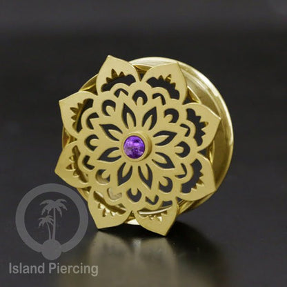Anting Tindik Plug Stainless Mandala warna gold Ear-tunnel Epoxy warna Ungu