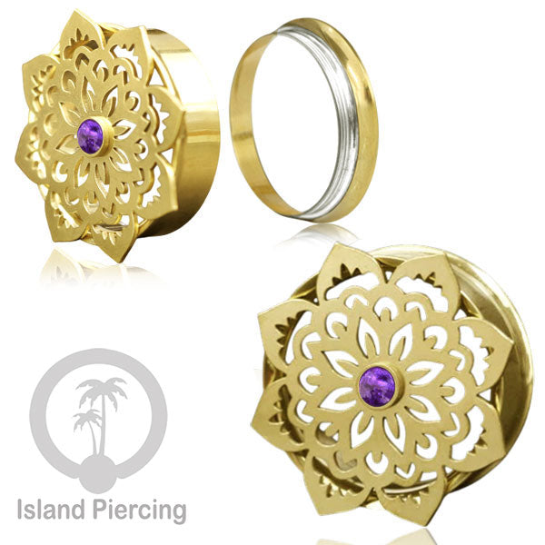 Anting Tindik Plug Stainless Mandala warna gold Ear-tunnel Epoxy warna Ungu