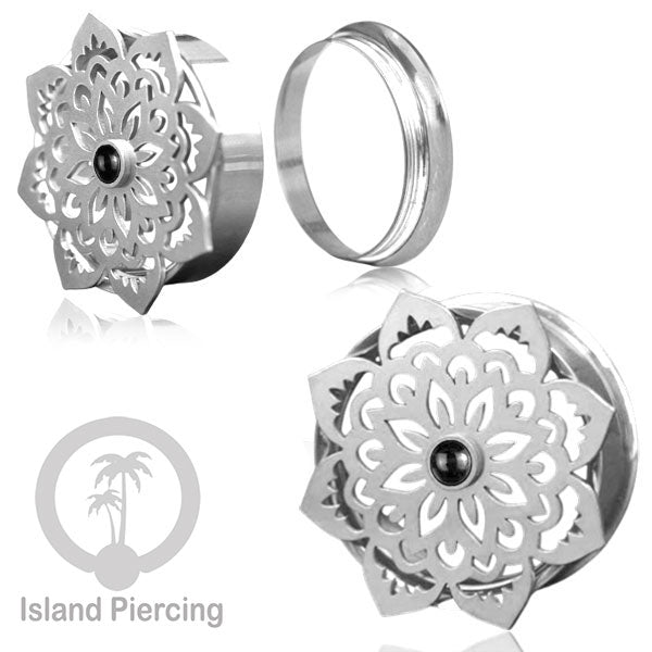 Anting Tindik Plug Stainless Mandala warna silver, Steel Ear-tunnel dengan Epoxy warna Hitam