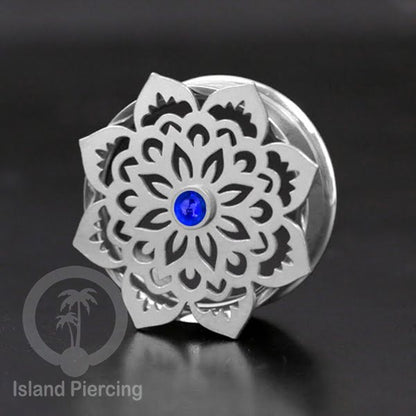 Anting Tindik Plug Stainless Mandala warna silver, Steel Ear-tunnel dengan Epoxy warna Biru tua