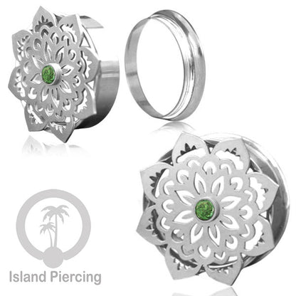 Anting Tindik Plug Stainless Mandala warna silver, Steel Ear-tunnel dengan Epoxy warna Hijau