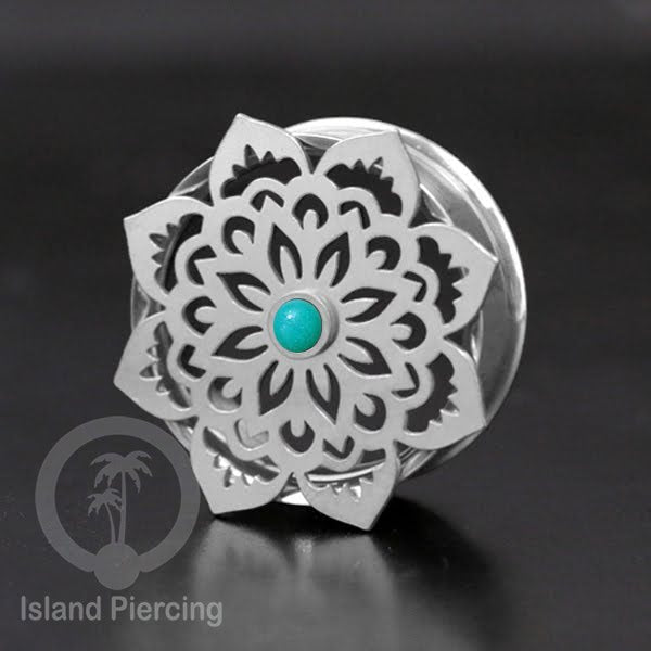 Anting Tindik Plug Stainless Mandala warna silver, Steel Ear-tunnel dengan Epoxy warna Turquoise