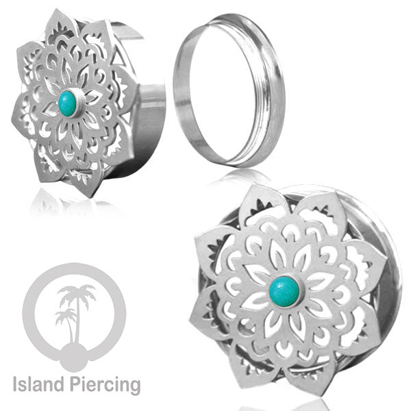 Anting Tindik Plug Stainless Mandala warna silver, Steel Ear-tunnel dengan Epoxy warna Turquoise