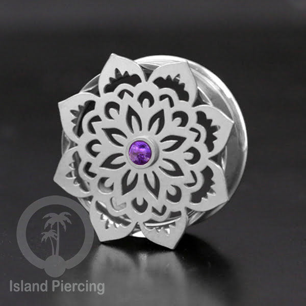 Anting Tindik Plug Stainless Mandala warna silver, Steel Ear-tunnel dengan Epoxy warna Ungu