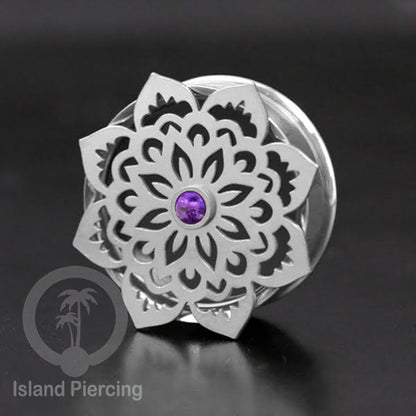 Anting Tindik Plug Stainless Mandala warna silver, Steel Ear-tunnel dengan Epoxy warna Ungu