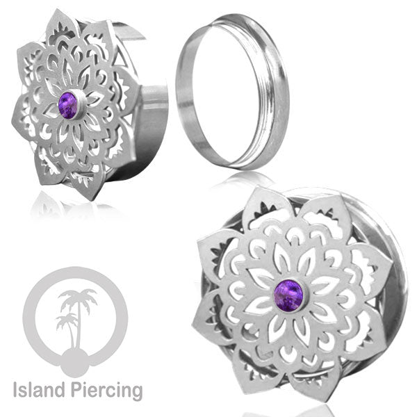 Anting Tindik Plug Stainless Mandala warna silver, Steel Ear-tunnel dengan Epoxy warna Ungu