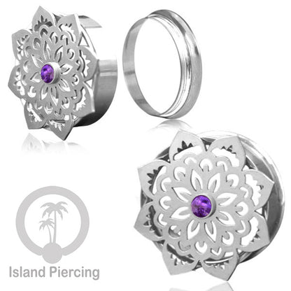 Anting Tindik Plug Stainless Mandala warna silver, Steel Ear-tunnel dengan Epoxy warna Ungu