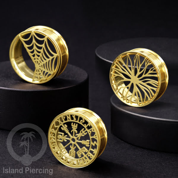 Anting Tindik Plug Stainless warna gold Ear-tunnel ukuran besar motif Saring Laba2 dan lain yang unik