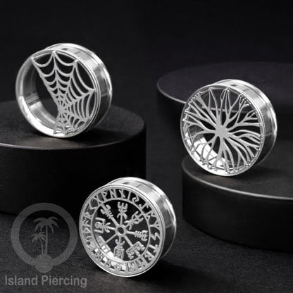 Anting Tindik Plug Stainless warna silver Ear-tunnel ukuran besar motif Saring Laba2 dan lain yang unik