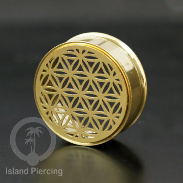 Anting Tindik Plug Stainless warna gold Ear-tunnel ukuran besar motif Tree &amp; Flower of Life dan Sacred Geometry