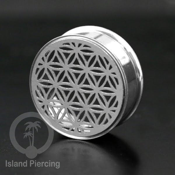 Anting Tindik Plug Stainless warna silver Ear-tunnel ukuran besar motif Tree &amp; Flower of Life dan Sacred Geometry