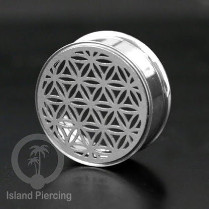 Anting Tindik Plug Stainless warna silver Ear-tunnel ukuran besar motif Tree &amp; Flower of Life dan Sacred Geometry