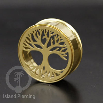 Anting Tindik Plug Stainless warna gold Ear-tunnel ukuran besar motif Tree &amp; Flower of Life dan Sacred Geometry