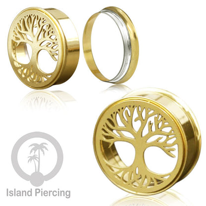 Anting Tindik Plug Stainless warna gold Ear-tunnel ukuran besar motif Tree &amp; Flower of Life dan Sacred Geometry
