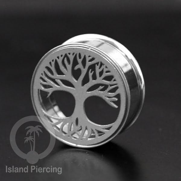 Anting Tindik Plug Stainless warna silver Ear-tunnel ukuran besar motif Tree &amp; Flower of Life dan Sacred Geometry