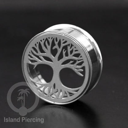 Anting Tindik Plug Stainless warna silver Ear-tunnel ukuran besar motif Tree &amp; Flower of Life dan Sacred Geometry