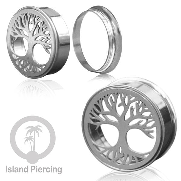 Anting Tindik Plug Stainless warna silver Ear-tunnel ukuran besar motif Tree &amp; Flower of Life dan Sacred Geometry