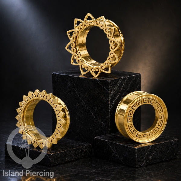 Anting Tindik Plug Stainless warna gold, Ear piercing tunnel banyak variasi dan ukuran