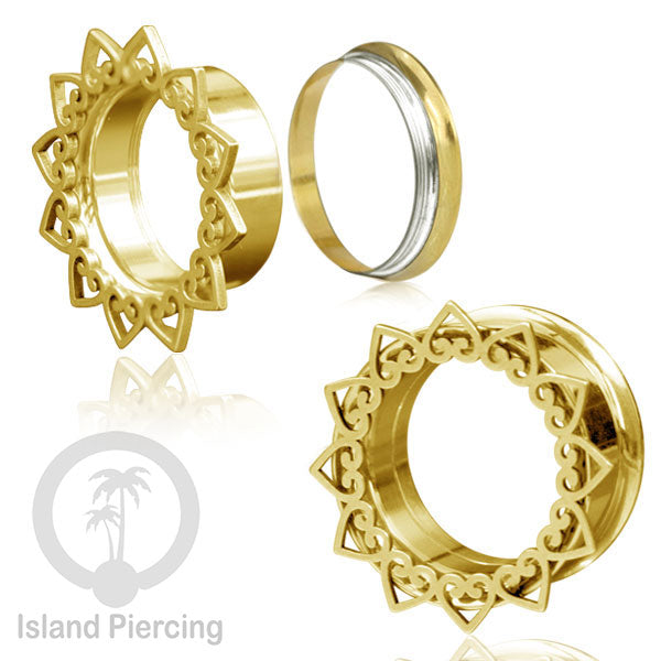 Anting Tindik Plug Stainless warna gold, Ear piercing tunnel banyak variasi dan ukuran