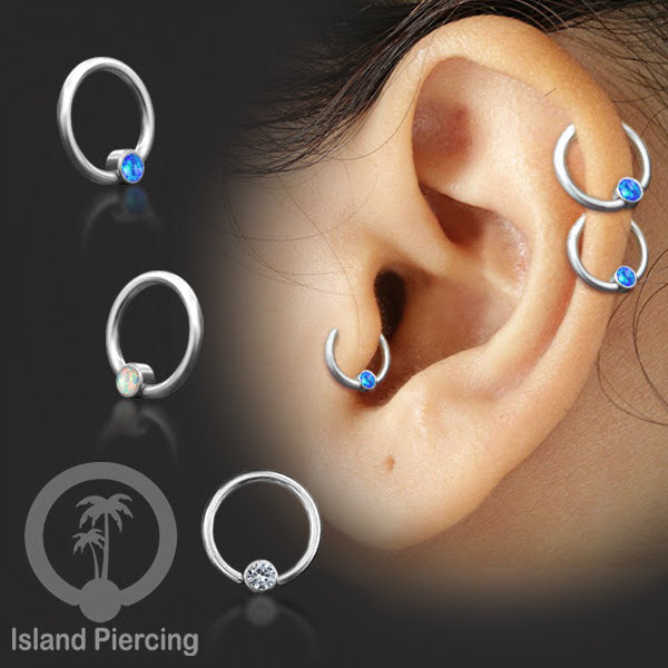 BCR piercing stainless dengan opal dan zirconia,  tindik tragus, daith, helix, bibir atau alis